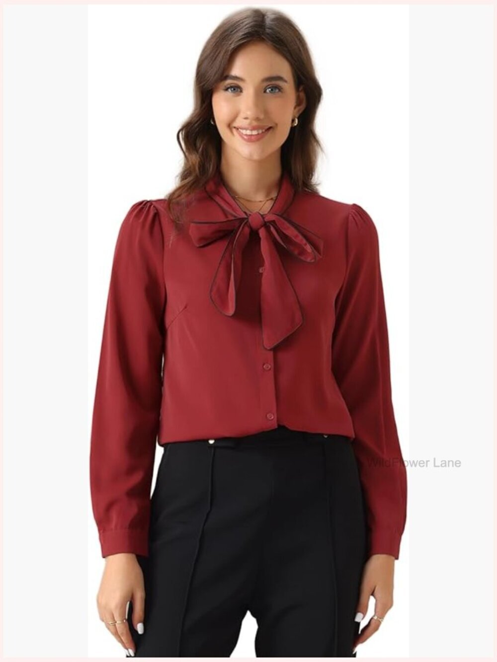 Womens Long Sleeve Button Down Bow Tie Blouse Business Casual Office Top
